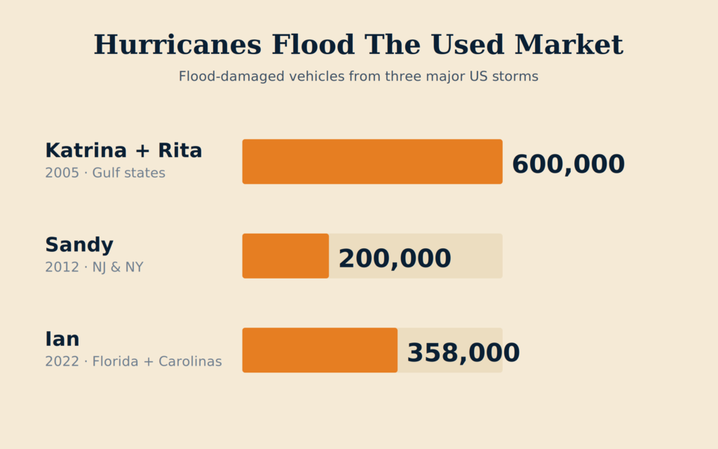 Number of flood-damaged vehicles from major US hurricanes: Katrina 600,000, Sandy 200,000, Ian 358,000