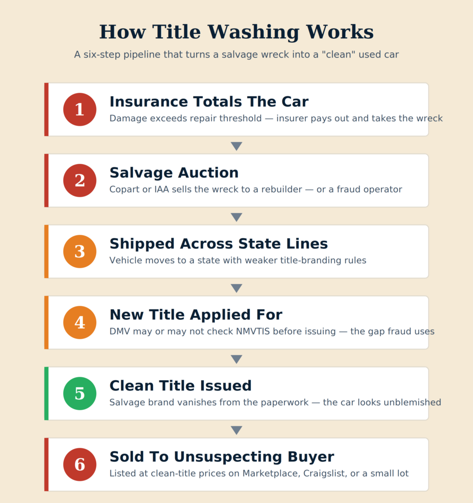 Step-by-step diagram showing how title washing moves a damaged car from salvage to clean title
