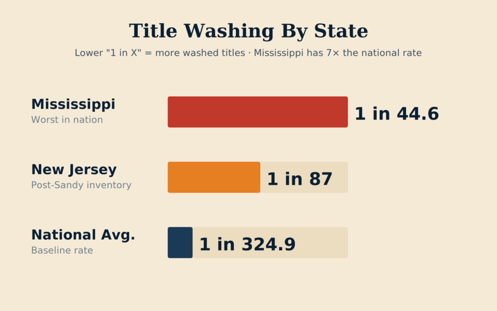 Chart showing title washing density by state with Mississippi having the highest rate at 1 in 44.6 cars