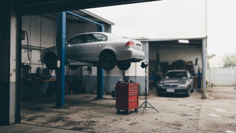 A silver sedan raised on a lift in an independent repair shop bay, the hero image of our used car fraud prevention playbook