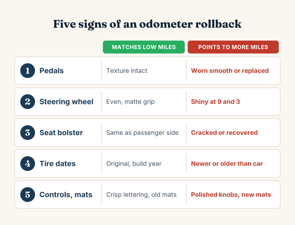 Diagram showing five physical inspection points for detecting odometer rollback: pedals, steering wheel, seat, tires, and controls