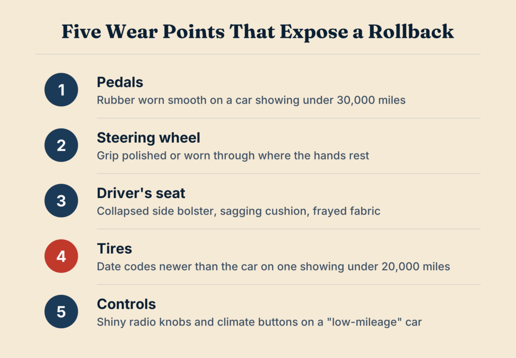 Five wear points that can expose an odometer rollback: pedals, steering wheel, driver's seat, tires and controls