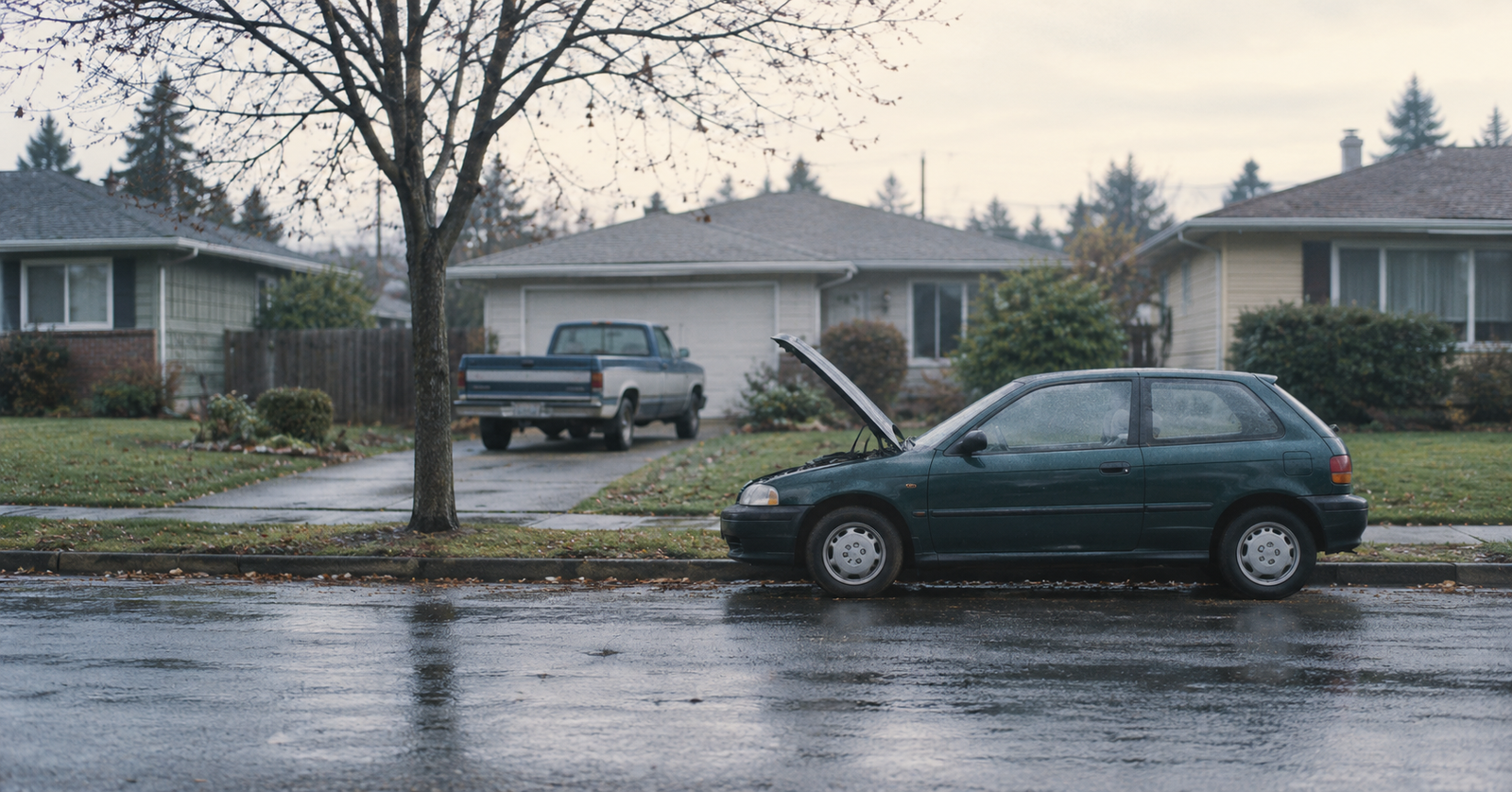 A dark green used hatchback with its hood raised at the curb of a quiet suburban street, the hero image of our guide to car scams to look out for