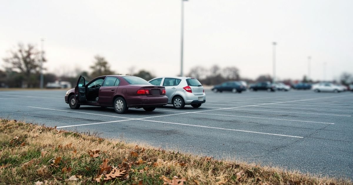 Two used cars parked nose to tail at the edge of a municipal parking lot with one driver’s door open, the hero image of our dealer license lookup and title check guide