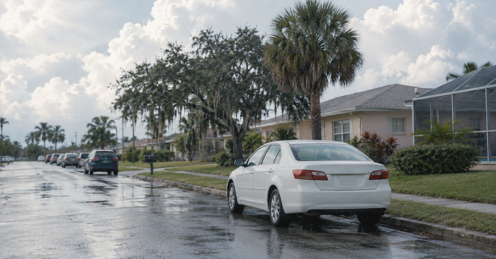 A white sedan parked at the curb on a residential Florida street with pastel stucco houses and palms, the hero image of our Florida used car guide