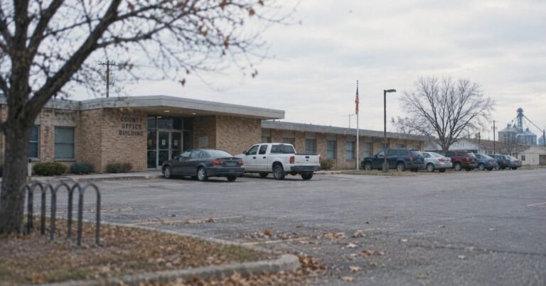 A dark gray sedan and a white pickup parked outside a low brick county office building on an overcast morning, fallen leaves on the lot, the hero image of our guide to checking if a car title is real