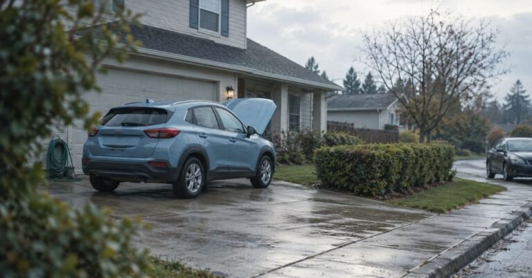 A light blue compact SUV with its hood raised in the driveway of a suburban house, the hero image of our guide to the oil in the engine scam