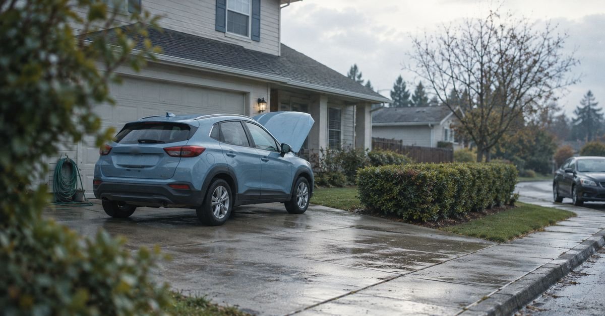 A light blue compact SUV with its hood raised in the driveway of a suburban house, the hero image of our guide to the oil in the engine scam