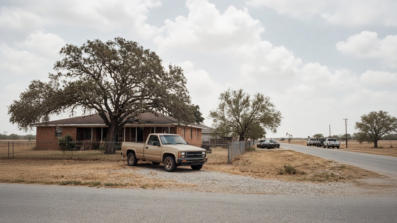 A tan pickup truck parked in the driveway of a brick ranch house on a wide Texas street, the hero image of our Texas used car guide