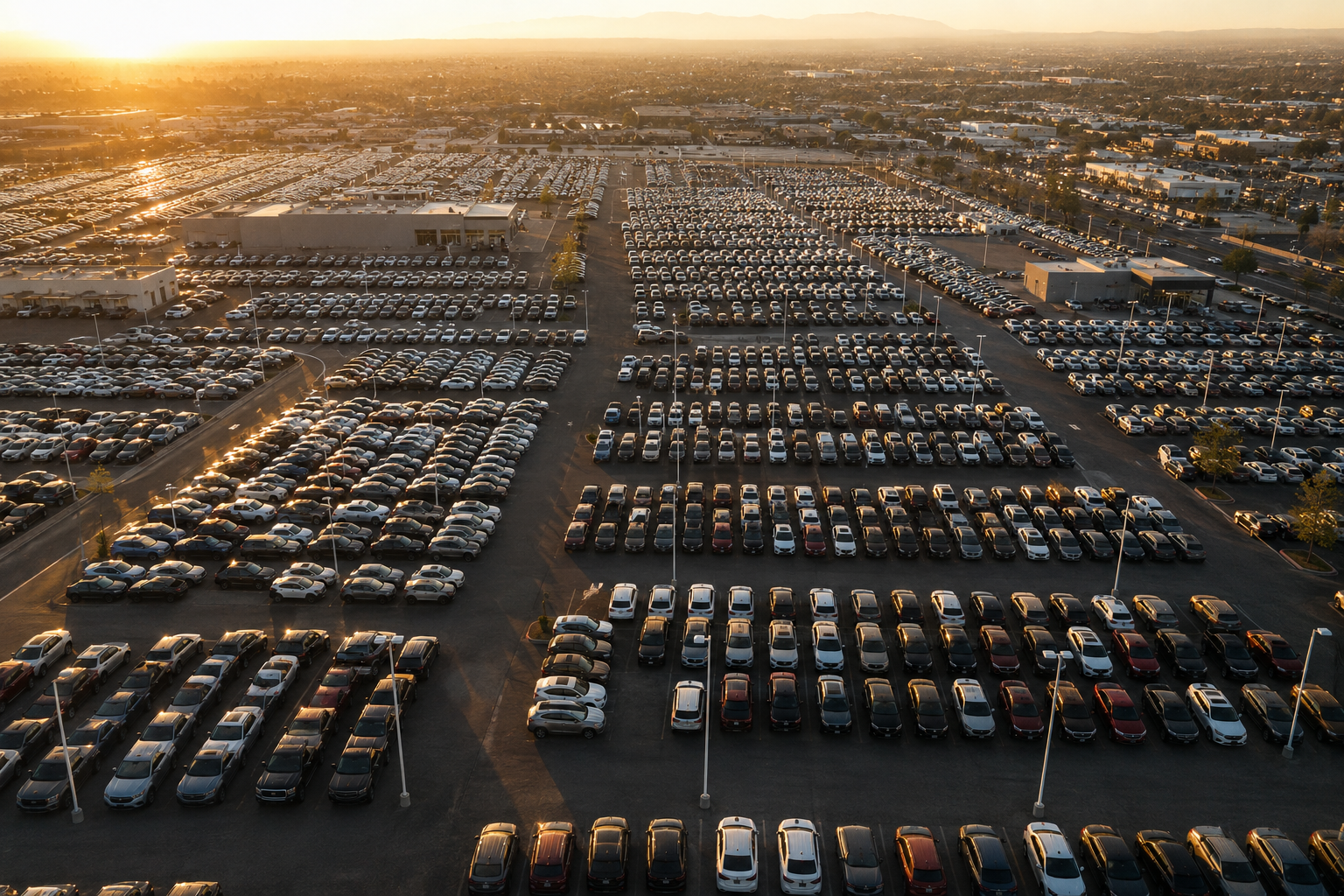 Rows of used cars on a dealer lot at dawn, the hero image of the 2026 used car statistics report